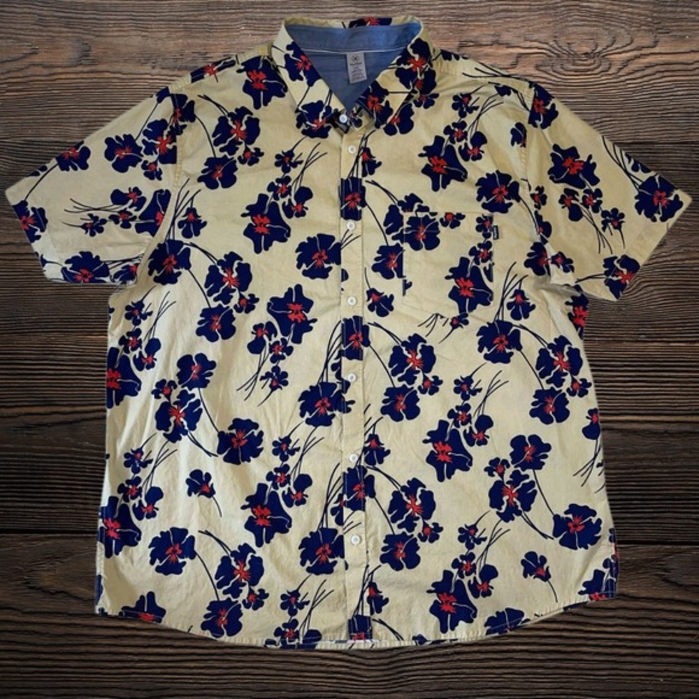 Hurley Mens XXL Floral Short Sleeve Button Down‎ Shirt Tan Navy Hibiscus Print